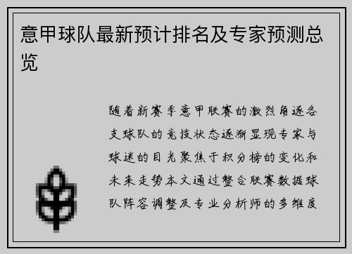 意甲球队最新预计排名及专家预测总览